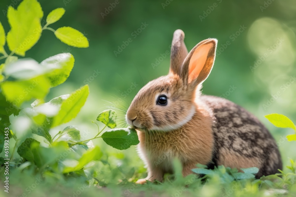 Fototapeta premium cute rabbit munching on grass in a sunny meadow. Generative AI