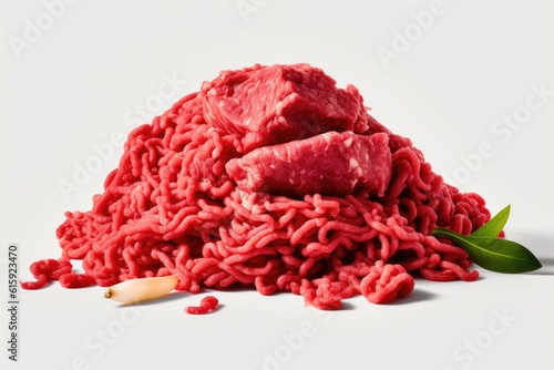 pile of raw ground beef next to a green leaf on a white background © 2rogan