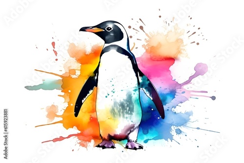 Watercolor penguin with colorful splashes on white background. Generative AI.