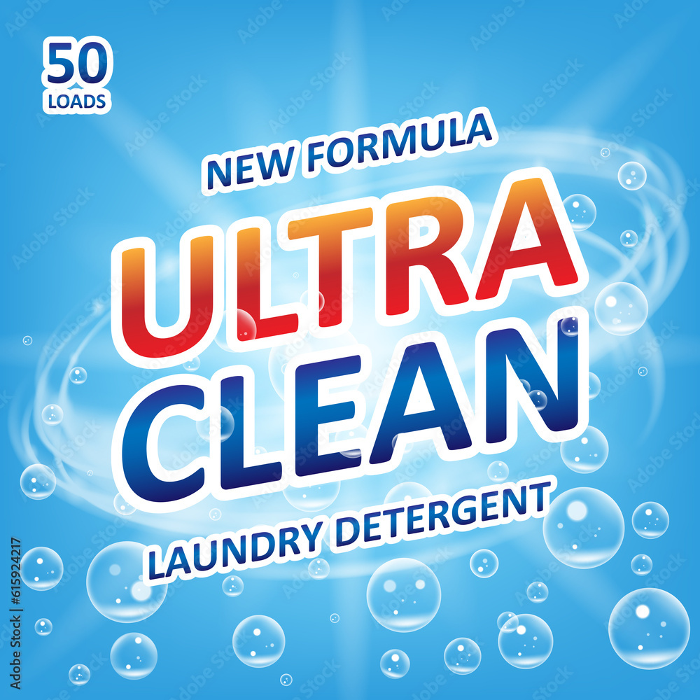 Ultra clean Soap design product. Template for laundry detergent with bubbles on blue. Package design for Liquid Detergents or Washing Powder. Vector illustration EPS 10