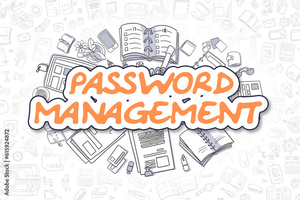 Business Illustration of Password Management. Doodle Orange Inscription Hand Drawn Doodle Design Elements. Password Management Concept.