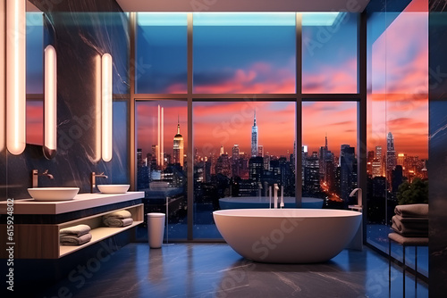 modern bathroom with city skyline view