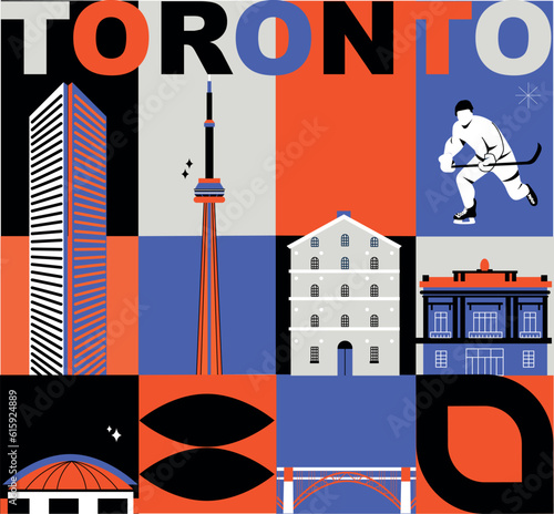 Typography word Toronto branding technology concept. Collection of flat vector web icons. Canadian culture travel set, architectures, specialties detailed silhouette. Doodle American famous landmark