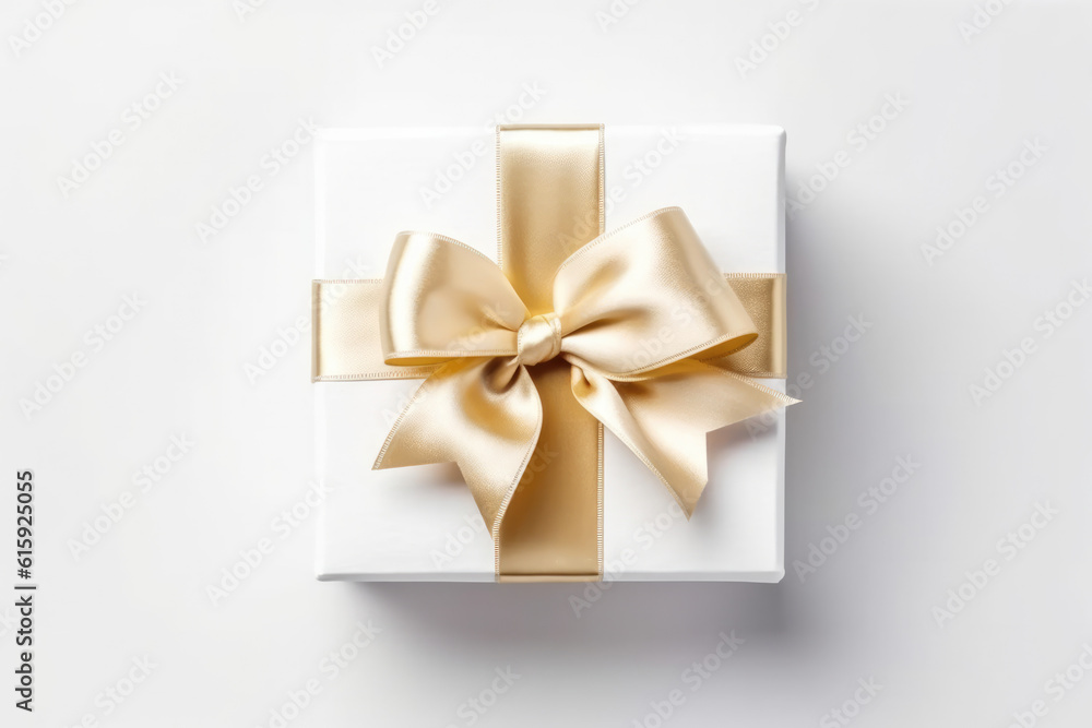 Gift box wrapped with craft paper and bow on neutral background with boke. - obrazy, fototapety, plakaty 