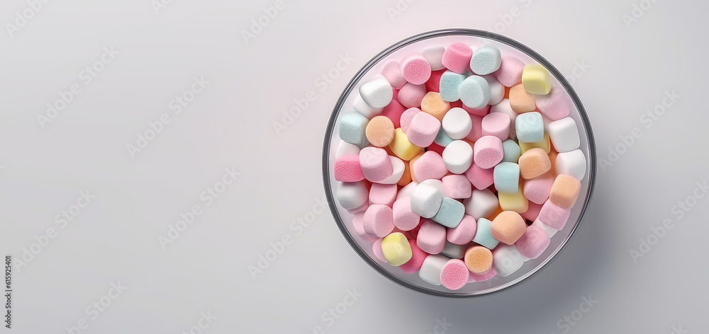 Top view Delicious chewy marshmallows in delicate pastel colors in glass round bowl isolated on a light gray background. Copy space. Generative AI professional photo imitation.