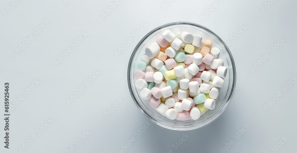 Overhead view Delicious chewy marshmallows in delicate pastel colors in a glass round bowl isolated on a light gray background. Copy space. Generative AI professional photo imitation. Overhead view Delicious chewy marshmallows in delicate pastel colors in a glass round bowl isolated on a light gray background. Copy space. Generative AI professional photo imitation.