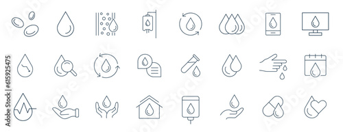 Blood icon set. Charity  Hematology  Blood Cell  Vessel  DNA  Blood Group  RH Factor  Blood Test  and blood donation line icons vector