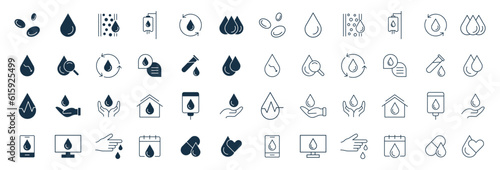 Blood icon set. Charity, Hematology, Blood Cell, Vessel, DNA, Blood Group, RH Factor, Blood Test, and blood donation line and solid icons vector