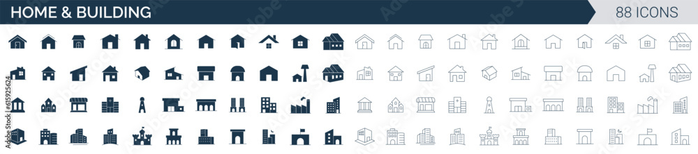 Home and Building icon set vector. collection of house, building, apartment, architecture, and construction solid outline icons