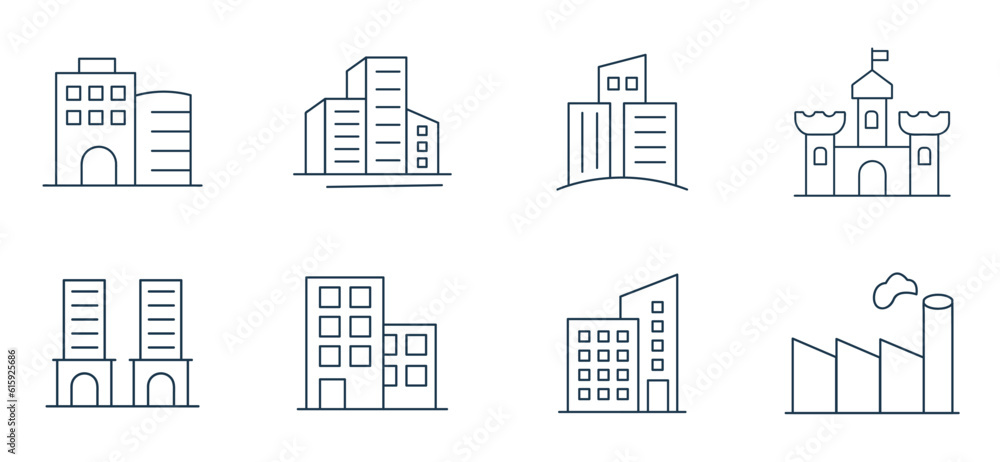 Building line icon set Vector. City, Real estate, Bank, Hotel, Architecture Hospital, town symbol illustration