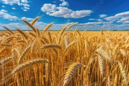 scenic wheat field with blue skies and white clouds