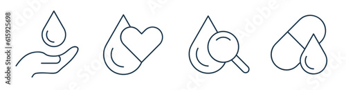 Blood Donation Icon set. Charity icon of magnifier, medicine, hand, heart, and Blood drop vector