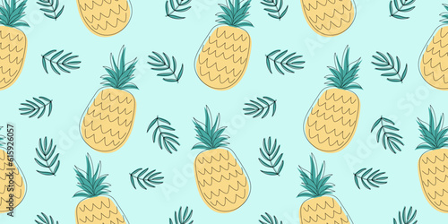 Tropical ananas vector seamless pattern. Can be used for decoration of albums, blog, web sites, postcard, poster. Elements of pineapple and leaves on mint colored background.