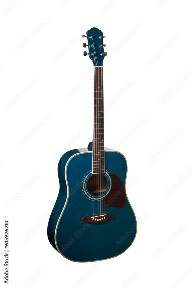 The image of blue acoustic guitar isolated under the white background.