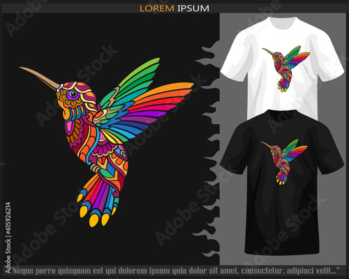 Colorful humming bird mandala arts isolated on black and white t shirt.