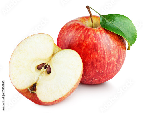 Ripe red apple fruit with apple half and green leaf isolated on white background. Red apples and leaf with clipping path