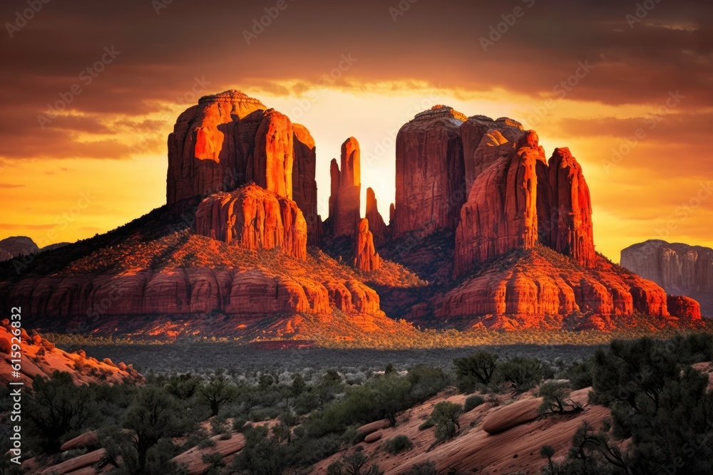 colorful sunset over a majestic desert mountain range. Generative AI