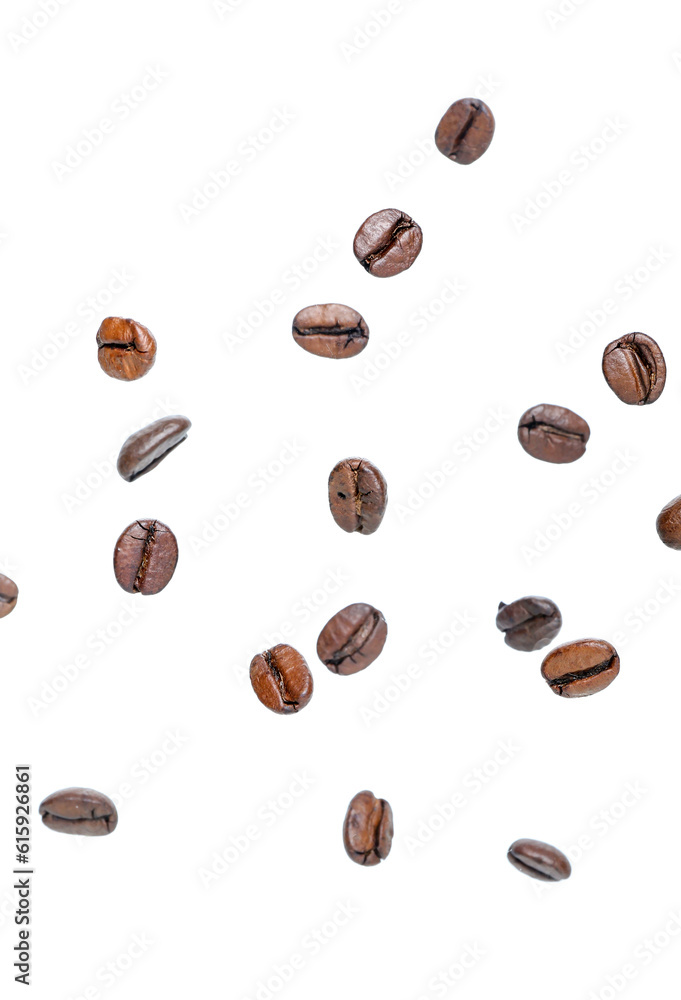 Flying coffee beans on white background Flying coffee beans on white background