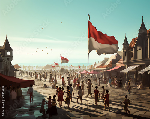people crowd celebrating independence day holding flag of Indonesia, hari merdeka agustusan