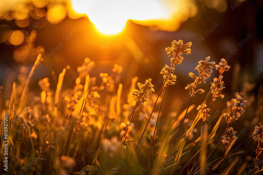 the sun setting behind some wildflowers in front of a house on a sunny day, taken with a canon 70 - 200