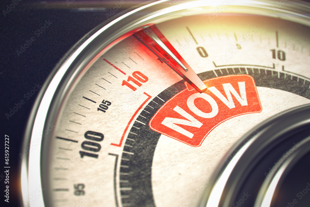 Now - Red Label on the Conceptual Compass with Needle. Business Mode Concept. Now - Conceptual Balance with Red Message on It. Horizontal image. 3D Render. Now - Red Label on the Conceptual Compass with Needle. Business Mode Concept. Now - Conceptual Balance with Red Message on It. Horizontal image. 3D Render.