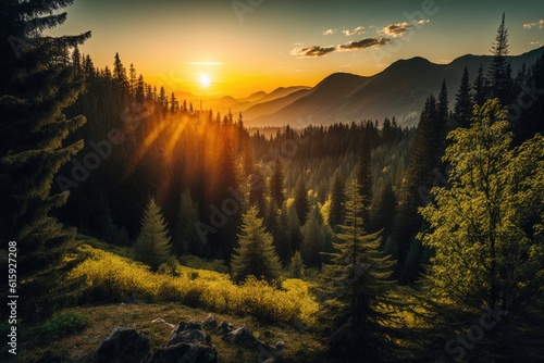 beautiful sunset over a mountain landscape with trees. Generative AI