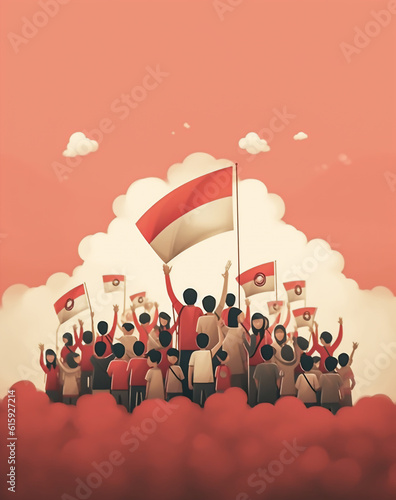 people crowd celebrating independence day holding flag of Indonesia, hari merdeka agustusan photo