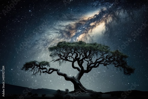 majestic tree under a starry night sky. Generative AI