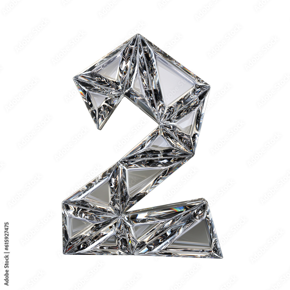 Crystal triangulated font number TWO 2 3D render illustration isolated on white background