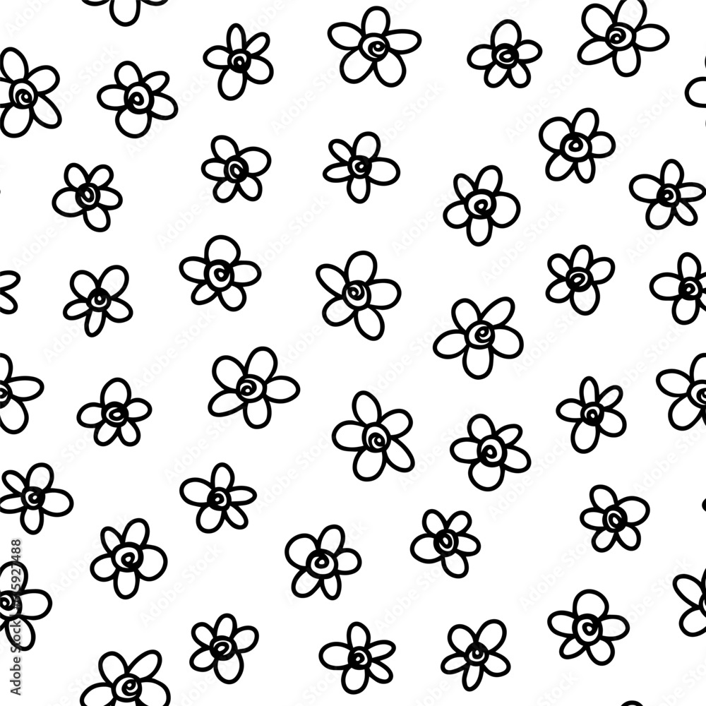 Hand drawn doodle linear monochrome vector messy strawberry flowers spring summer seasonal seamless repeat pattern isolated on white background