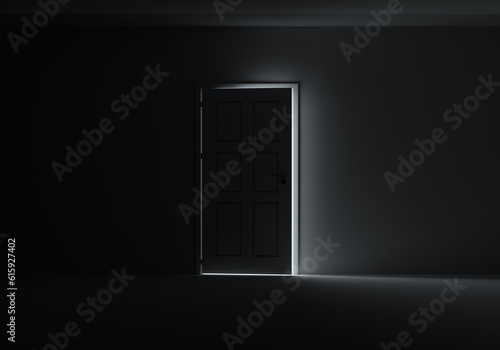 Open door with bright light streaming into very dark room. 3D Illustration