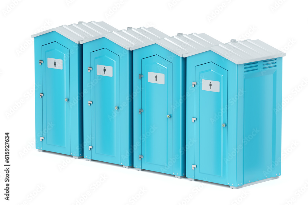 Row with four portable plastic toilets on white background