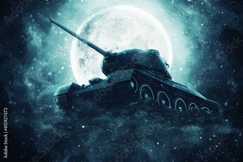 Battle tank in the light of the full moon on the ruins of the wreckage