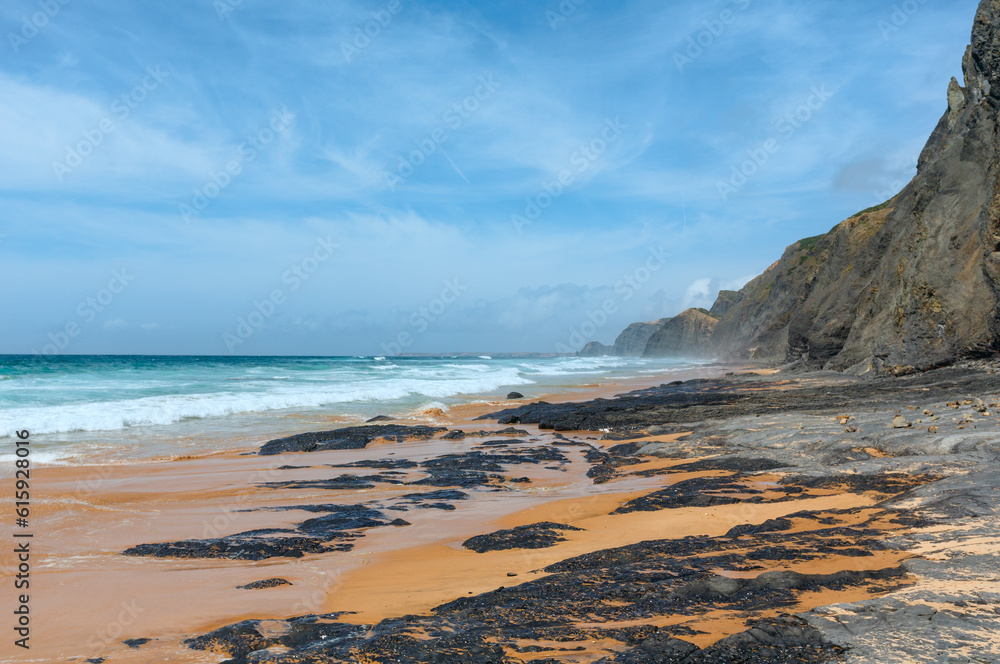 Storm on Castelejo beach (Algarve, Portugal). Summer Atlantic coast.