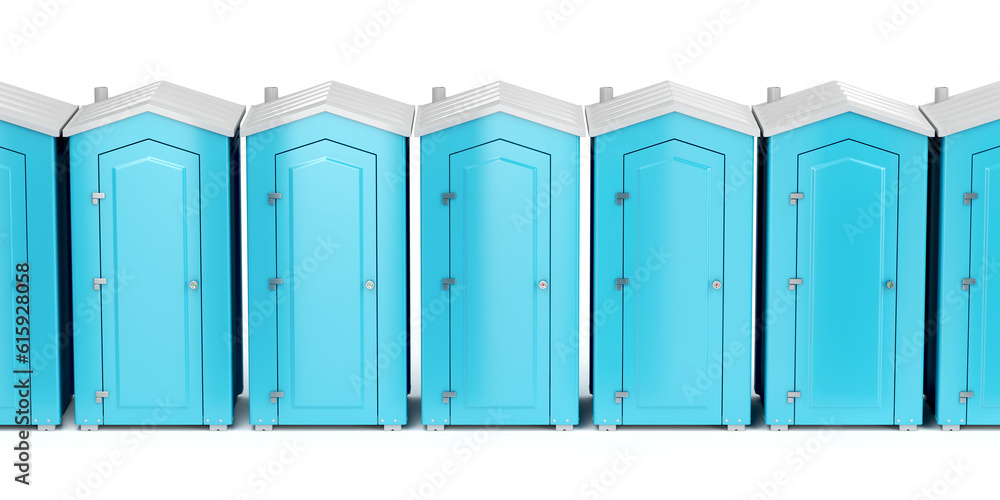 Row with portable plastic toilets on white background, front view