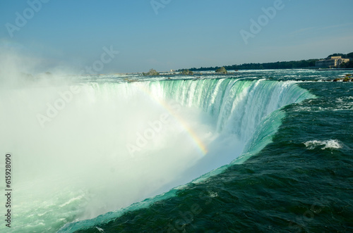 Closeup over the edge of the Canadian Niagara Falls in slightly cloudy weather and with a rainbow