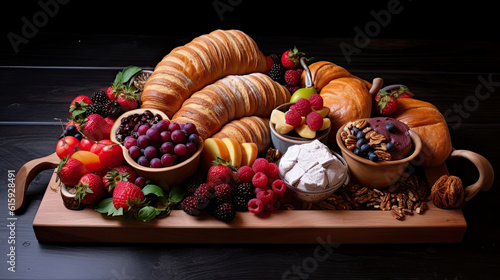 some croises and fruit on a wooden cutting board with a bowl of yories in the top left