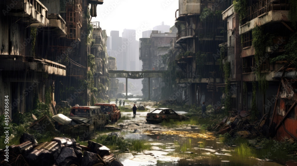 Envision a gritty post - apocalyptic cityscape in ruins, with dilapidated buildings, overgrown vegetation, and a sense of desolation