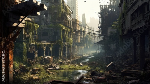 Envision a gritty post - apocalyptic cityscape in ruins  with dilapidated buildings  overgrown vegetation  and a sense of desolation