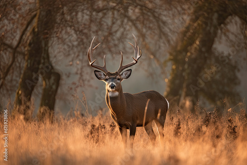 a deer standing in the middle of a field with tall brown grass and trees behind it, looking at the camera
