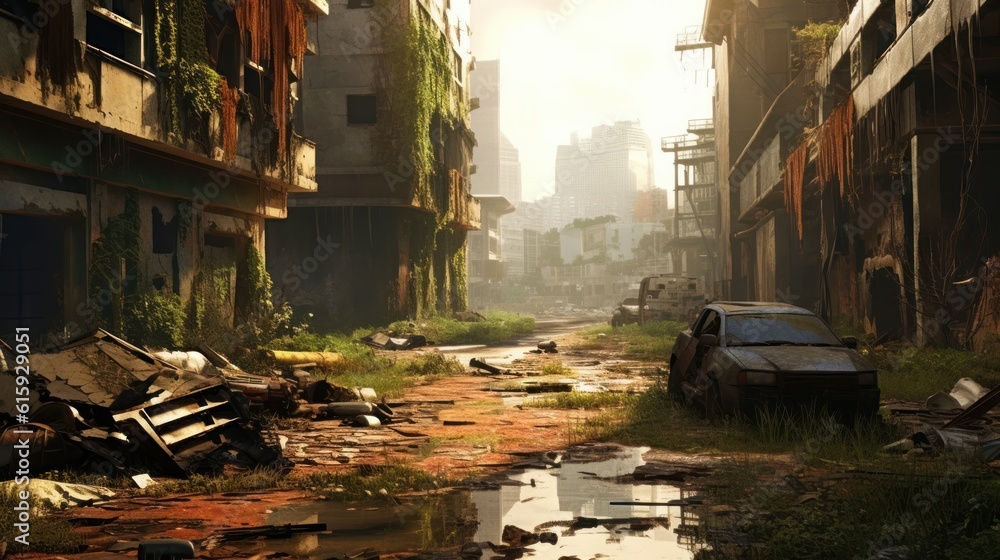 Envision a gritty post - apocalyptic cityscape in ruins, with dilapidated buildings, overgrown vegetation, and a sense of desolation Envision a gritty post - apocalyptic cityscape in ruins, with dilapidated buildings, overgrown vegetation, and a sense of desolation