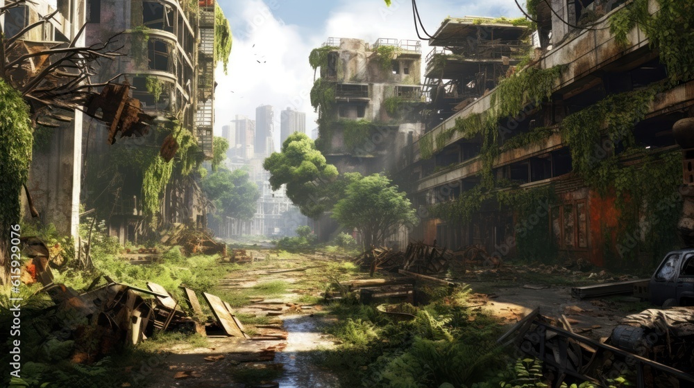 Envision a gritty post - apocalyptic cityscape in ruins, with dilapidated buildings, overgrown vegetation, and a sense of desolation