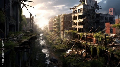 Envision a gritty post - apocalyptic cityscape in ruins, with dilapidated buildings, overgrown vegetation, and a sense of desolation