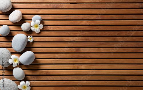 zen pebbles and spa flowers set on hammam wooden board for eco-friendly spa, massage or sauna, copy space still life, above view