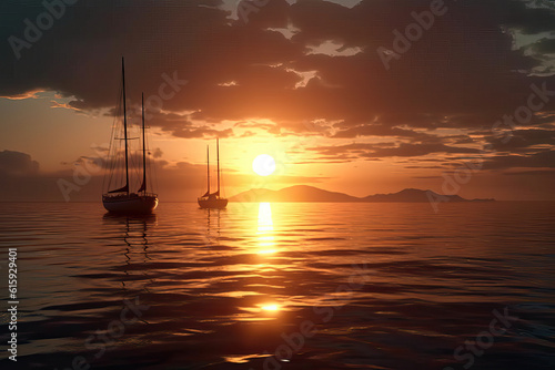 Beautiful sunset over the ocean with sailboats in the distance