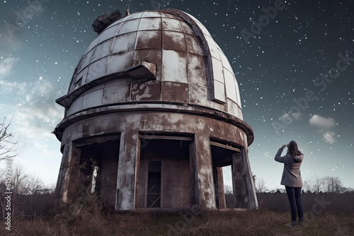 a man standing in front of an old observatory building with the moon behind him and looking up into the sky photo