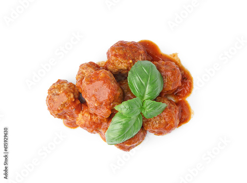 Tasty meat balls with sauce isolated on white background