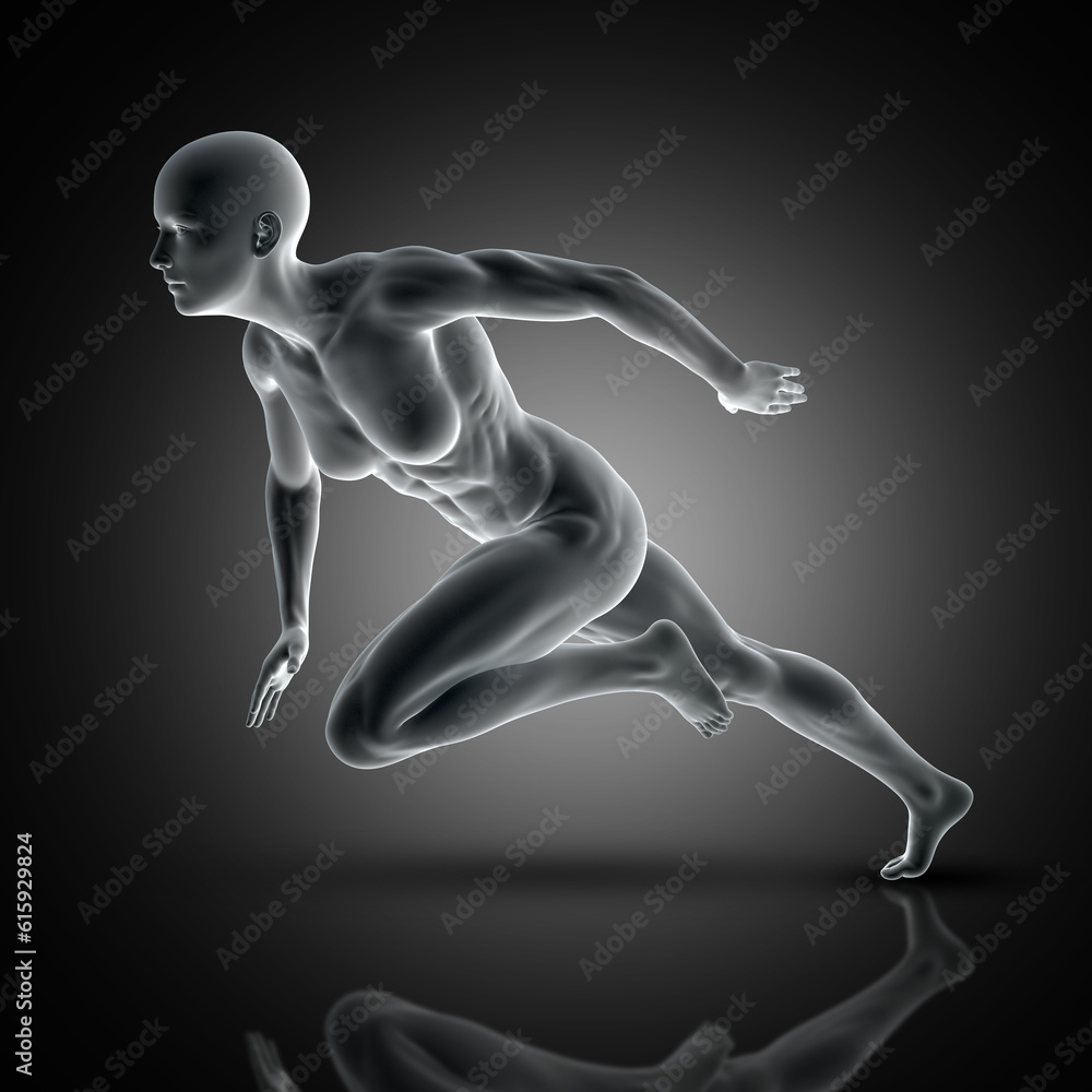 3D render of a muscular female in sprinting pose