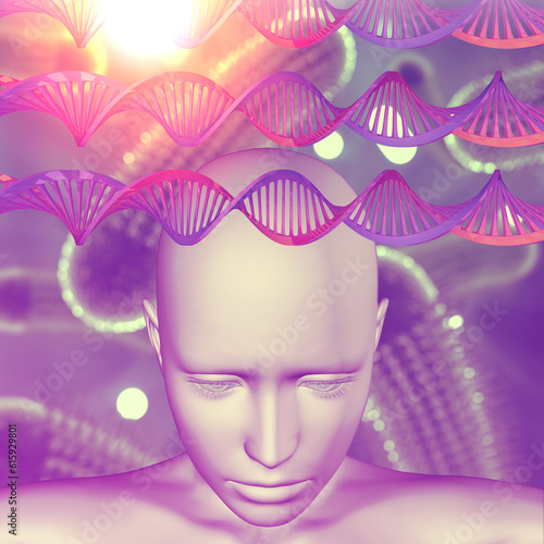 Fototapeta Naklejka Na Ścianę i Meble -  3D render of a medical image with female head, DNA strands and virus cells