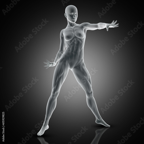 3D render of a muscular female in standing pose